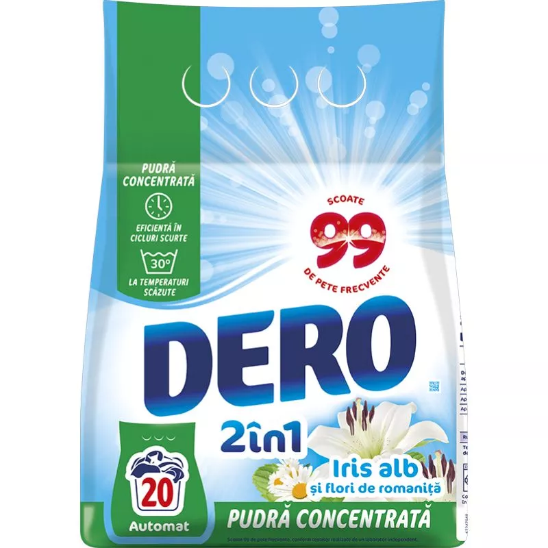 23371482_jpg-2.webp Detergent pudră uscat DERO Automat 2in1, Iris alb si flori de romanita, 20 spalari, 1.5 kg