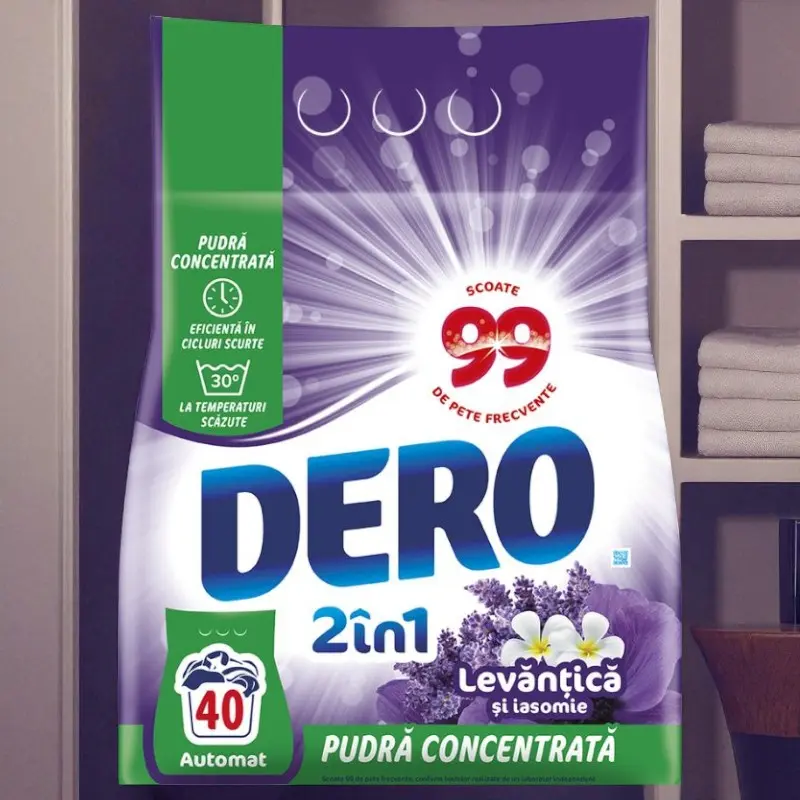 Detergent pudră uscat DERO Automat 2in1 Levantica si Iasomie, 40 spalari, 3 kg