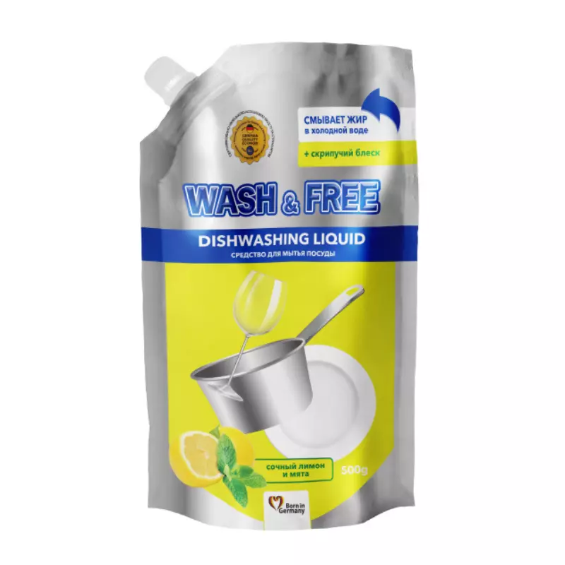 Detergent de vase WASH&FREE, lamiie si menta, rezerva, 500 ml