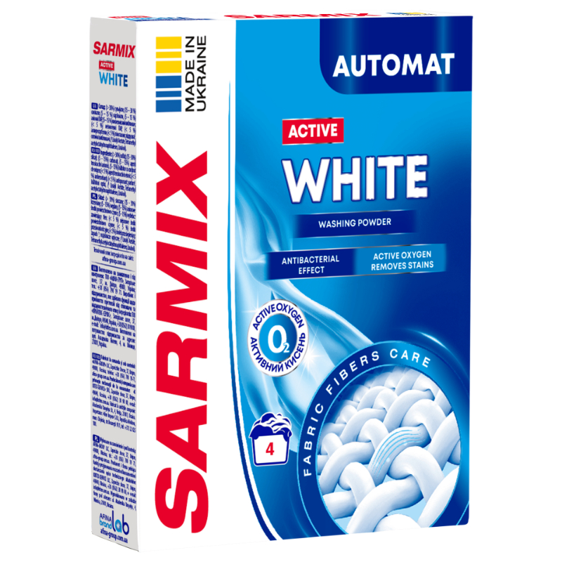 Praf de spălat SARMIX Active White, pentru toate tipurile de spălare, 300 g