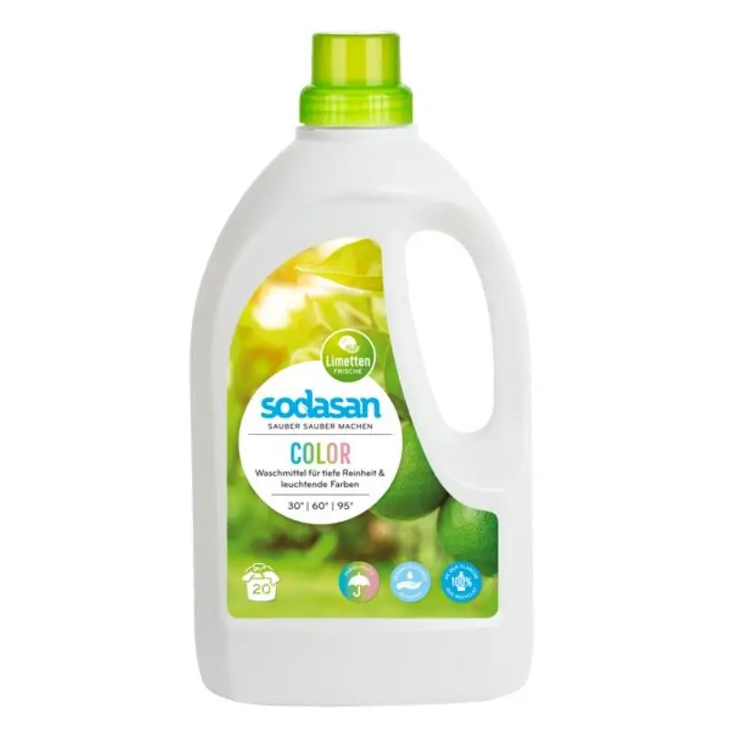 Lichid bio SODASAN Lime, Pentru spalarea rufelor albe si colorate, 1.5 l